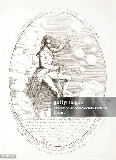 Caricature print showing a �Montgolfier in the Clouds�, fantasising about the glory he will bring to his country. Jacques-Etienne and Joseph-Michel...