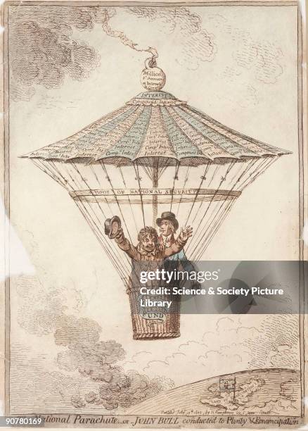 Alternatively titled �John Bull conducted to plenty and emancipation�, this cartoon showing two men in a parachute embraces the new possibilities...
