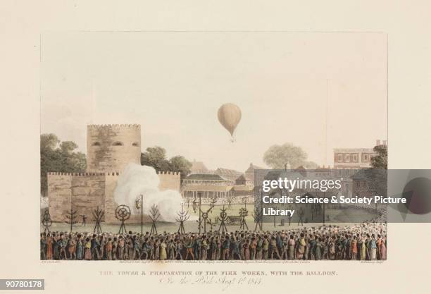 Coloured engraving by M Dubourg after an original work by J H Clark showing the fortress in Green Park which was transformed from the Temple of...