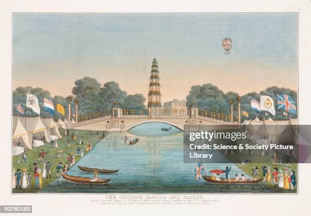 Coloured print showing the Chinese pagoda and bridge created over the canal at St James� Park in honour of the the Grand Jubilee celebrations. The...