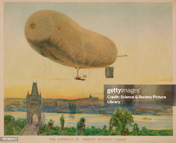 Coloured print. Major August von Parseval began studying airship design while working for the German military in 1900. On 21 May 1906 he flew his...