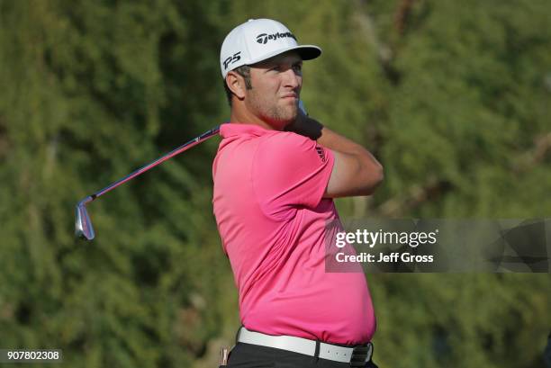 Jon Rahm of Spain plays his shot from the 18th tee during the third round of the CareerBuilder Challenge at the TPC Stadium Course at PGA West on...