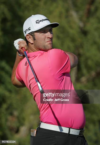 Jon Rahm of Spain plays his shot from the 18th tee during the third round of the CareerBuilder Challenge at the TPC Stadium Course at PGA West on...