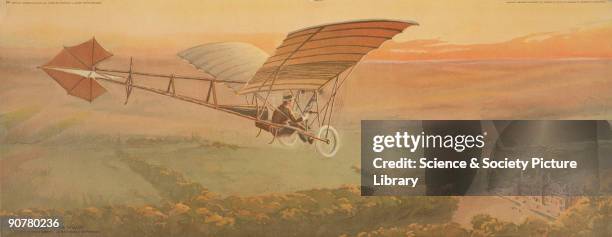 Chromolithograph showing a Demoiselle monoplane piloted by the Brazilian-born aviator Alberto Santos-Dumont, approaching the Chateau de Wideville,...
