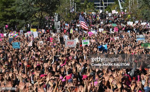 Protesters, part of a 500,000 strong crowd, attend the Women's Rally on the one-year anniversary of the first Women's March in Los Angeles,...