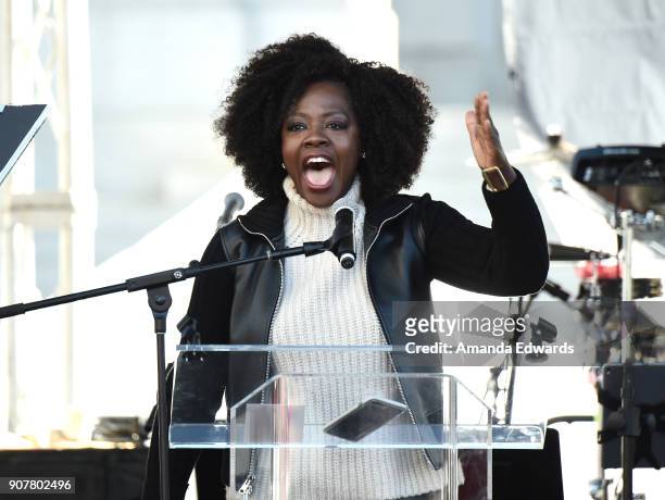Viola Davis speaks onstage at 2018 Women's March Los Angeles at Pershing Square on January 20, 2018 in Los Angeles, California.