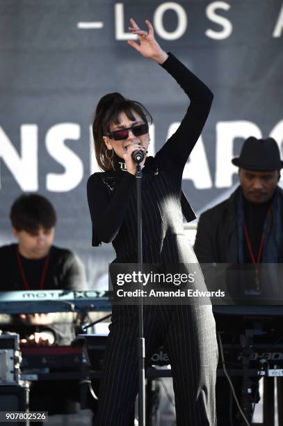 Singer/songwriter Daya performs onstage at 2018 Women's March Los Angeles at Pershing Square on January 20, 2018 in Los Angeles, California.