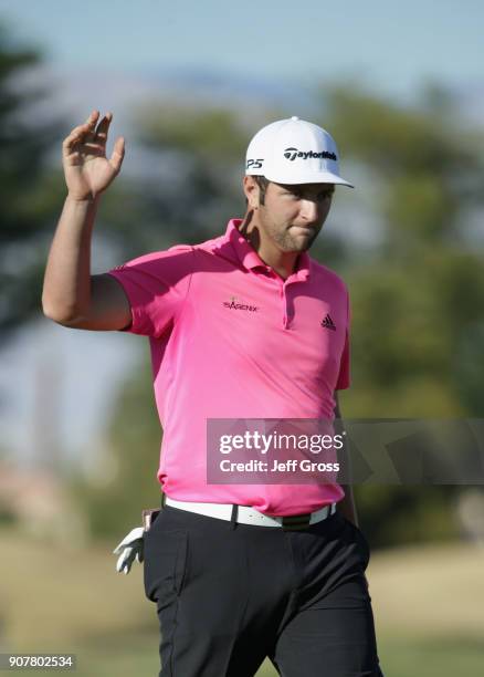 Jon Rahm reacts to his birdie putt on the 16th hole during the third round of the CareerBuilder Challenge at the TPC Stadium Course at PGA West on...