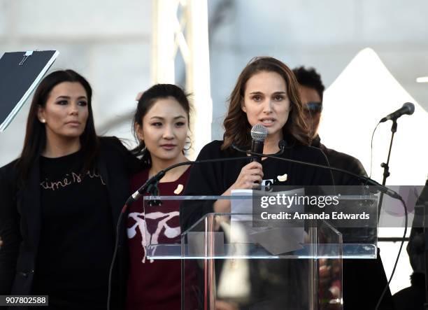 Eva Longoria, Constance Wu and Natalie Portman speak onstage at 2018 Women's March Los Angeles at Pershing Square on January 20, 2018 in Los Angeles,...