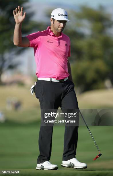 Jon Rahm reacts to his birdie putt on the 16th hole during the third round of the CareerBuilder Challenge at the TPC Stadium Course at PGA West on...