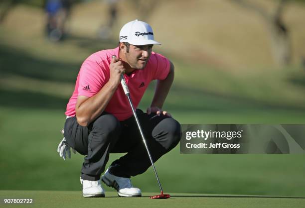 Jon Rahm lines up a putt on the 16th hole during the third round of the CareerBuilder Challenge at the TPC Stadium Course at PGA West on January 20,...