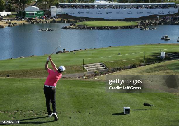 Jon Rahm plays his shot from the 17th tee during the third round of the CareerBuilder Challenge at the TPC Stadium Course at PGA West on January 20,...