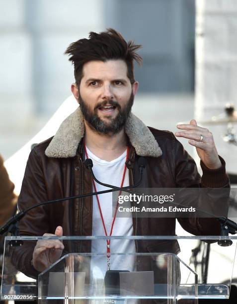 Actor Adam Scott speaks onstage at 2018 Women's March Los Angeles at Pershing Square on January 20, 2018 in Los Angeles, California.