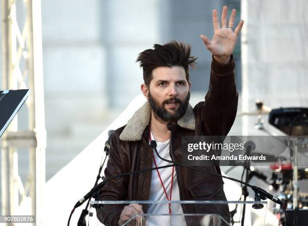 Actor Adam Scott speaks onstage at 2018 Women's March Los Angeles at Pershing Square on January 20, 2018 in Los Angeles, California.