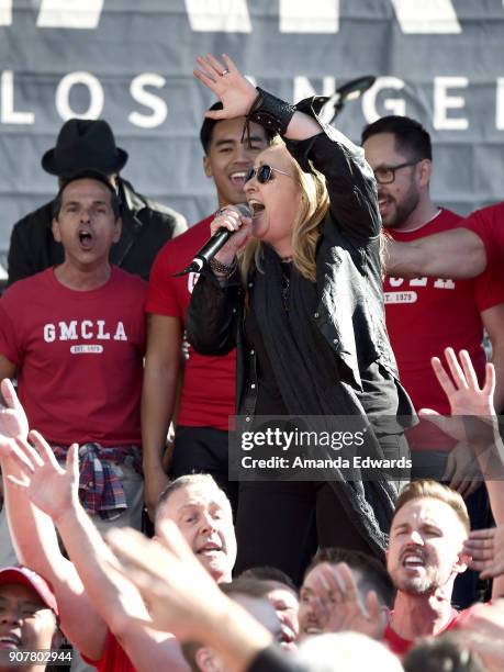 Singer Melissa Etheridge performs onstage at 2018 Women's March Los Angeles at Pershing Square on January 20, 2018 in Los Angeles, California.