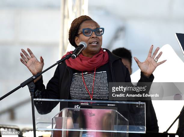 Civil Rights Advocate Kimberlé Williams Crenshaw speaks onstage at 2018 Women's March Los Angeles at Pershing Square on January 20, 2018 in Los...