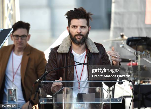 Actor Adam Scott speaks onstage at 2018 Women's March Los Angeles at Pershing Square on January 20, 2018 in Los Angeles, California.