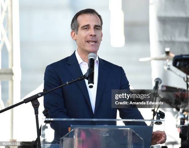 Mayor Eric Garcetti speaks onstage at 2018 Women's March Los Angeles at Pershing Square on January 20, 2018 in Los Angeles, California.