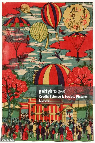 Coloured Japanese woodcut depicting a parachute demonstration, possibly by the Baldwin Brothers, being watched from a Japanese garden by a crowd in...
