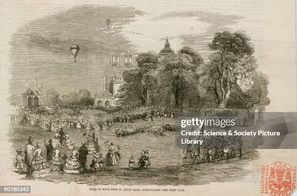Printed woodcut from the �Illustrated London News� showing the annual Band of Hope Fete in Aston Park, Birmingham, West Midlands. Three balloons can...
