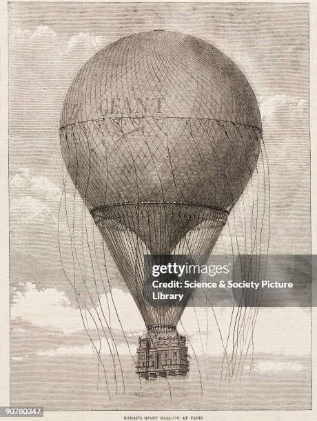 Printed woodcut from ?The Illustrated London News?. This giant balloon was built by Godard for the French photographer and aeronaut, Felix Tournachon...