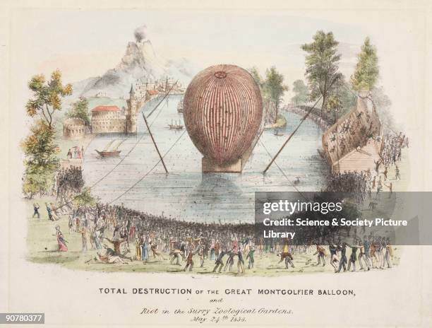 Hand-coloured lithograph depicting J W Hoar?s balloon, the ?Queen?s Royal Aerostat?, preparing for an ascent from the pond at Surrey Zoological...