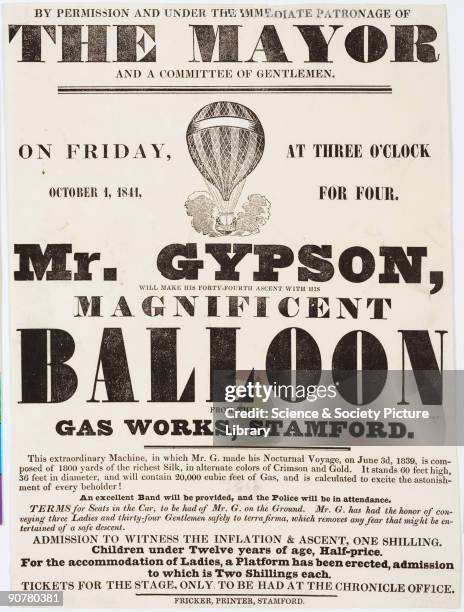 Printed handbill advertising Charles? Gypson�s 44th ascent from the gasworks at Stamford, Lincolnshire, on Friday 1 October 1841. For this ascent,...