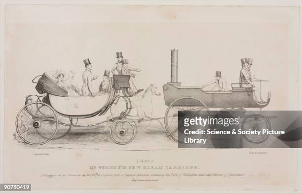 Lithograph by J Doyle of Goldsworthy Gurney's steam carriage �as it appeared at Hounslow on the 12th of August, with a Barouche attached, containing...