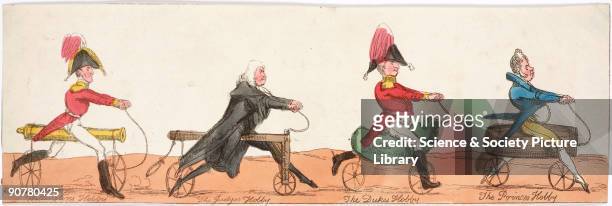 Hand-coloured caricature: men on hobby horses of designs reflecting their professions. The Duke of Wellington rides a cannon, the Judge a gibbet,...