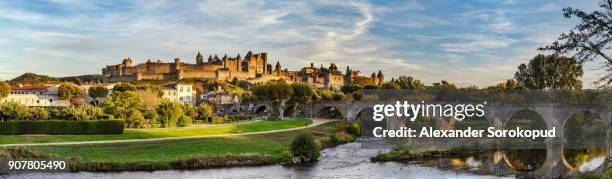 carcassone medieval fortress panoramic view, sunset time, france - aude imagens e fotografias de stock