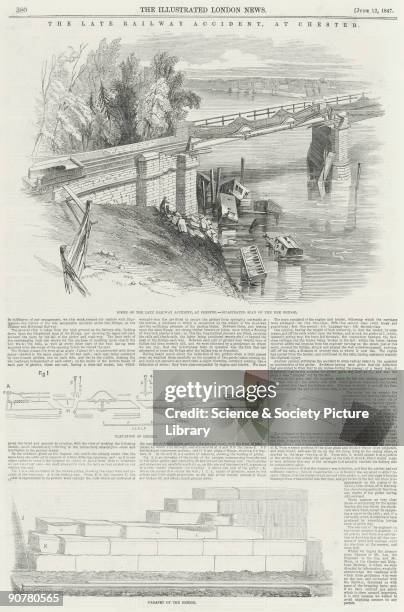Engraving from the �Illustrated London News� , entitled �The Late Railway Accident at Chester�, showing the collapsed sections of the bridge and the...
