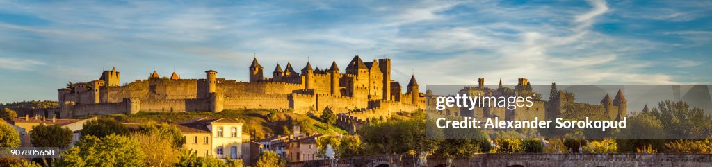 Carcassone medieval fortress panoramic view, sunset time, France