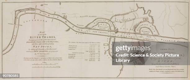 Map of part of the Thames, showing �three different modes of making wet docks, by cutting off branches of the river, and making a new channel as...