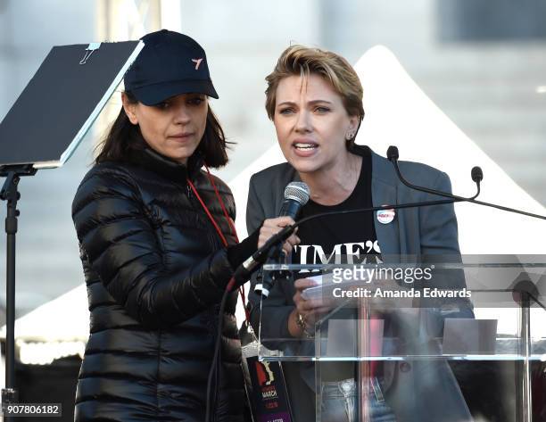 Actors Mila Kunis and Scarlett Johansson speak onstage at 2018 Women's March Los Angeles at Pershing Square on January 20, 2018 in Los Angeles,...