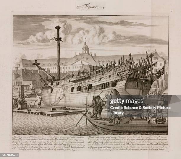 Engraving by Jan van der Heiden of a ship at the East India Company shipyard. The ship burst into flames on Whitsunday, 14 May 1690. Being a holiday,...