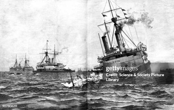Plate taken from the �Illustrated London News�. Vice Admiral Sir George Tryon , Commander of the British Mediterranean Fleet in 1893 had instructed...