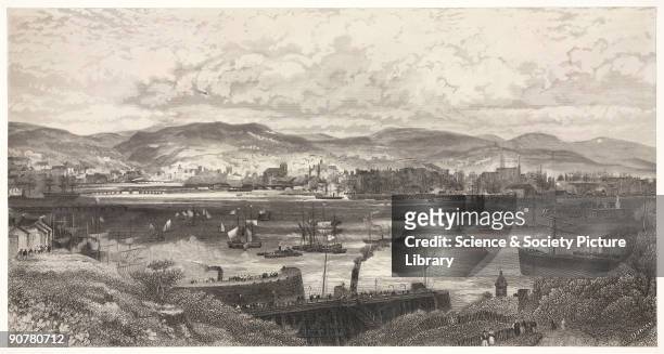 Engraving. The docks of the port of Cardiff were built from 1839 by the Marquis of Bute. Cardiff grew rapidly in the mid 19th century as a port for...