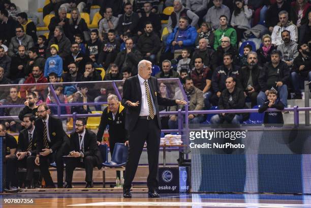 Dragan akota , head coach of AEK BC, a Serbian-Greek professional basketball coach who managed several international teams, reacts during Greek A1...