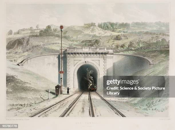 Coloured lithograph by John Cooke Bourne and printed by C F Cheffins. A steam locomotive is shown emerging from the tunnel with signals to the left...