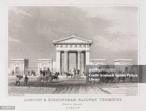 Engraving by H Bond. Carriages are shown approaching the huge doric arch, designed by Philip Hardwick and built in 1838, at the entrance to the...