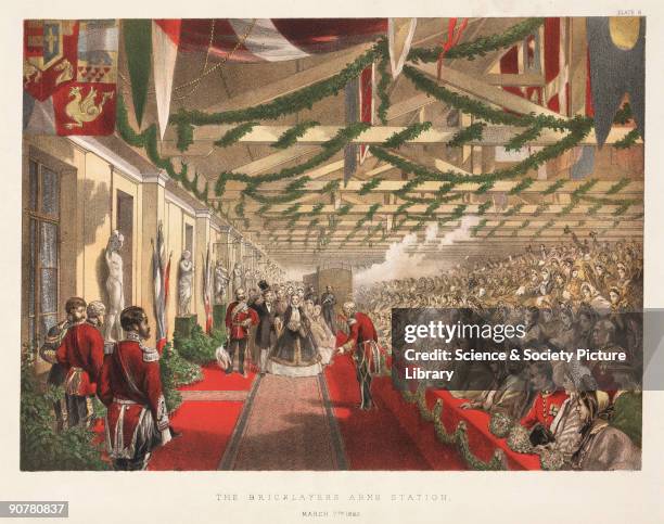 Coloured lithograph of Princess Alexandra of Denmark arriving at Bricklayers' Arms Station in Bermondsey, London on 3 March 1863, for her marriage to...