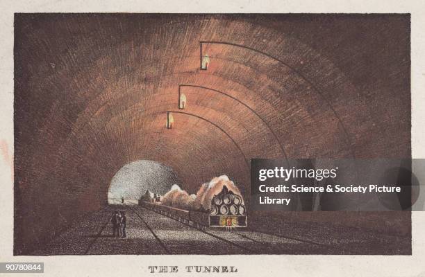 Coloured aquatint showing the inside of the tunnel built near Liverpool on the Liverpool & Manchester Railway. Constructed under the guidance of...