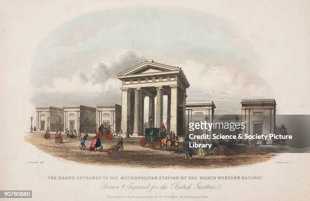 Engraving by A Ashley, after J F Burrell, entitled 'Grand Entrance to the Metropolitan Station'. The entrance to Euston Station was marked by an...