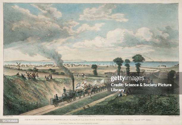 Coloured lithograph by T M Baynes, of the view from Church Street with Whitstable in the distance, showing the steam locomotive 'Invicta'. The...