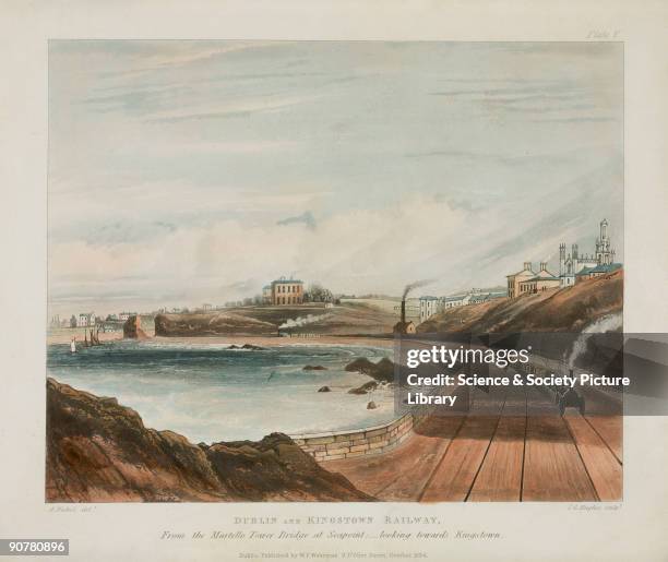 Coloured aquatint showing a view of the Dublin & Kingstown Railway. The Dublin & Kingstown Railway was the first railway to be built in Ireland, and...