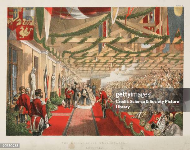 Coloured lithograph of Princess Alexandra of Denmark arriving at Bricklayers' Arms Station in Bermondsey, London on 3 March 1863, for her marriage to...