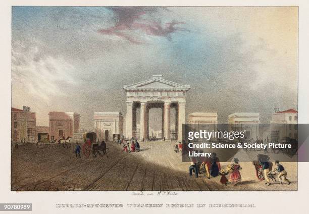 Print showing Euston Arch and flanking buildings with figures and horse-drawn carriages in the foreground. Railway architecture symbolised the pride...