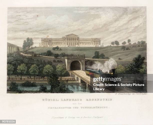 Engraving showing a locomotive crossing a bridge over the Neckar River, having just left a railway tunnel. Above the tunnel mouth Rosenstein Palace,...