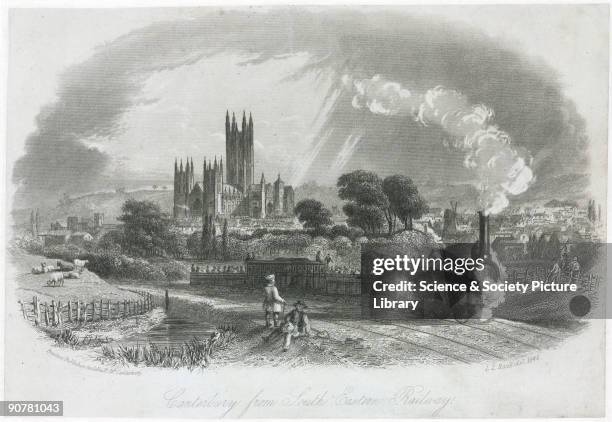 Print by L L Raze showing a locomotive leaving the city of Canterbury in Kent. The South Eastern Railway Bill came to Parliament and the Act was...