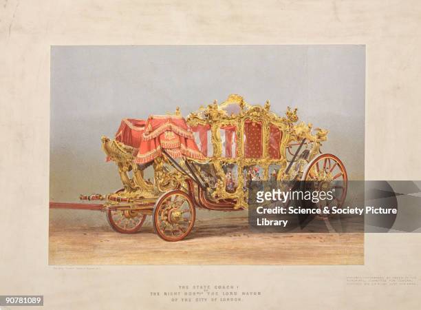 Chromolithograph of The State Coach of the Right Honorable The Lord Mayor of the City of London. This ornate gold ceremonial coach was built in 1757...